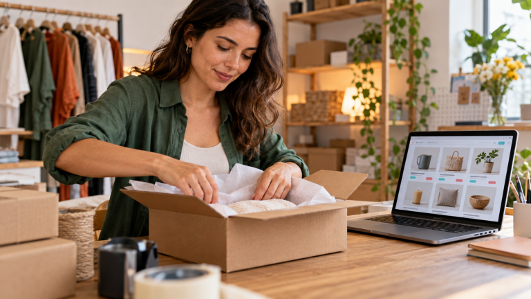 Empreendedora embala pedido com loja virtual