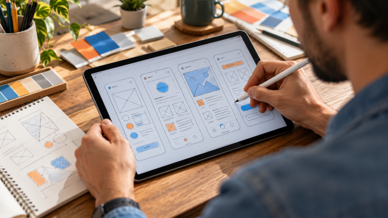 Designer esboçando wireframes no tablet