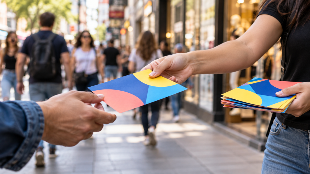 Mãos distribuindo panfletos coloridos na cidade