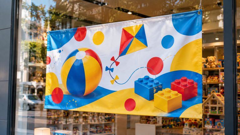 Banner infantil colorido na vitrine